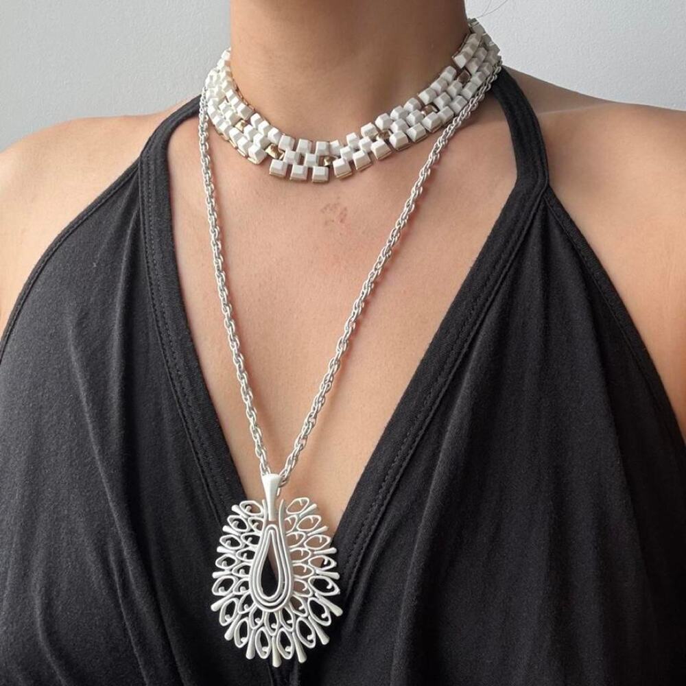 Vintage white pendant necklace and white geometric Monet choker necklace